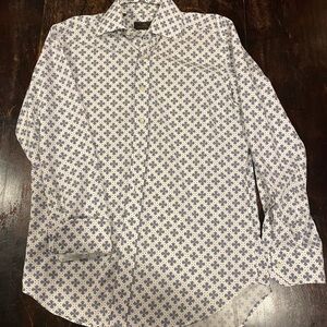 Etro Milano Men's Long-Sleeve Dress Shirt - White with Blue Geometric Print